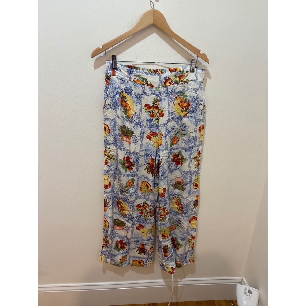 Rose + Olive Fruit Tile Print Wide Leg Pants Blue White Mediterranean Size‎ M